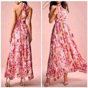 New Chic Floral Gathered Tie Back Halter Ruched Maxi Dress Pink Rose Tan